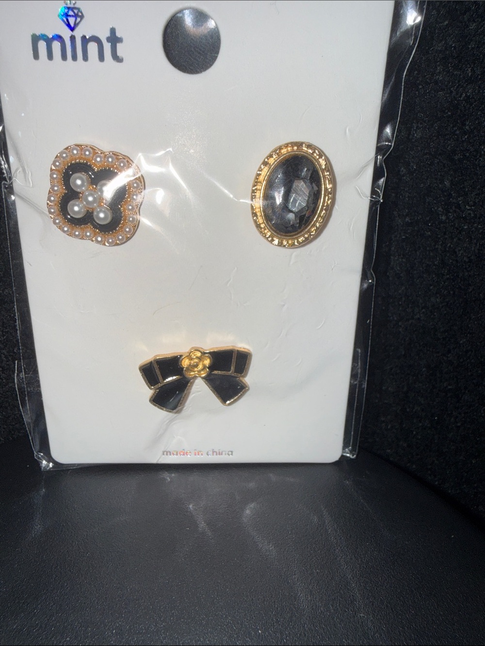 Mint Black and Gold Enamel Bow & Decorative Stud Earring Set